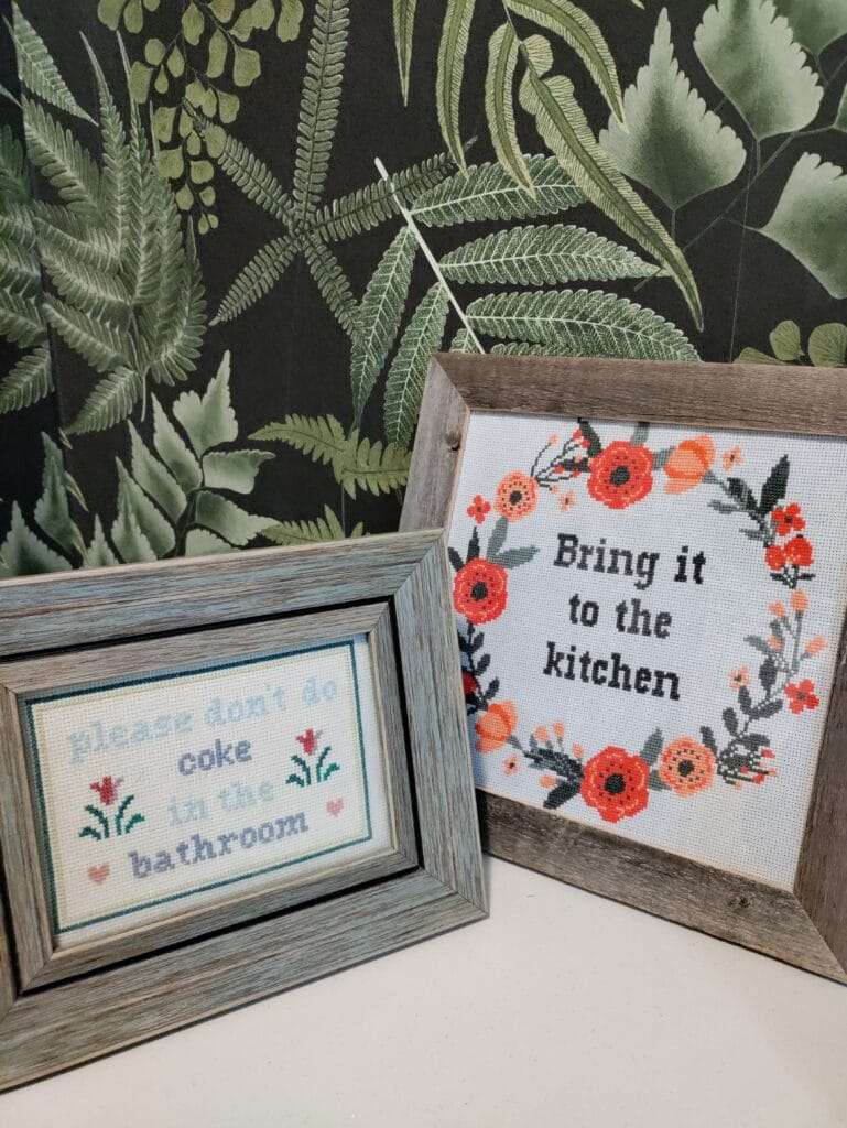 needlepoint with witty references to drug taking in the toilets
