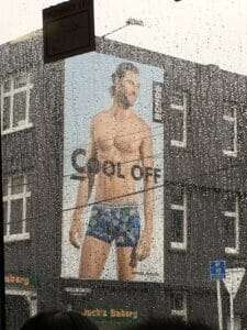 a picture of a bonds billboard advertisement through a rainy window