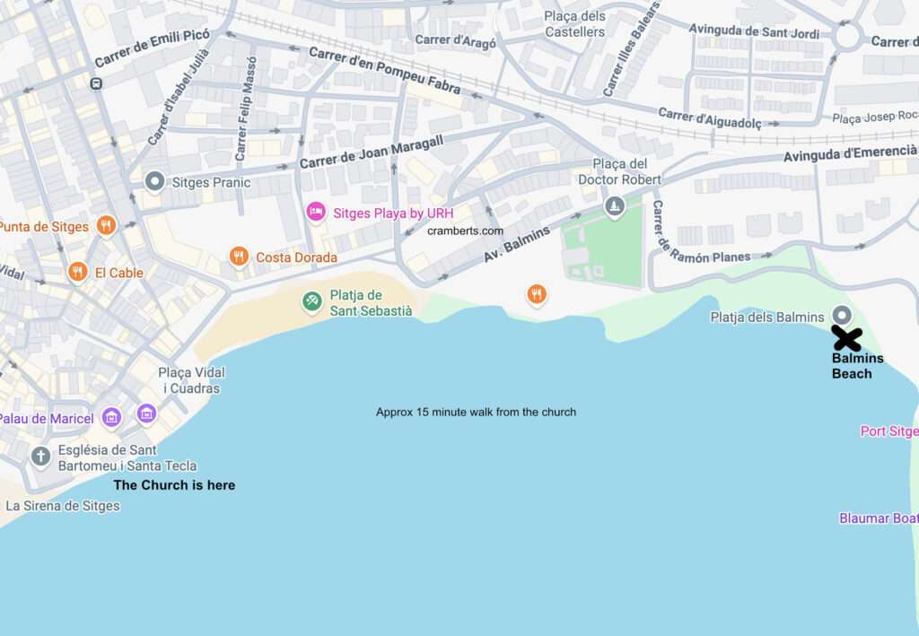 Map of the location of Balmins Beach the nudist beach in Sitges