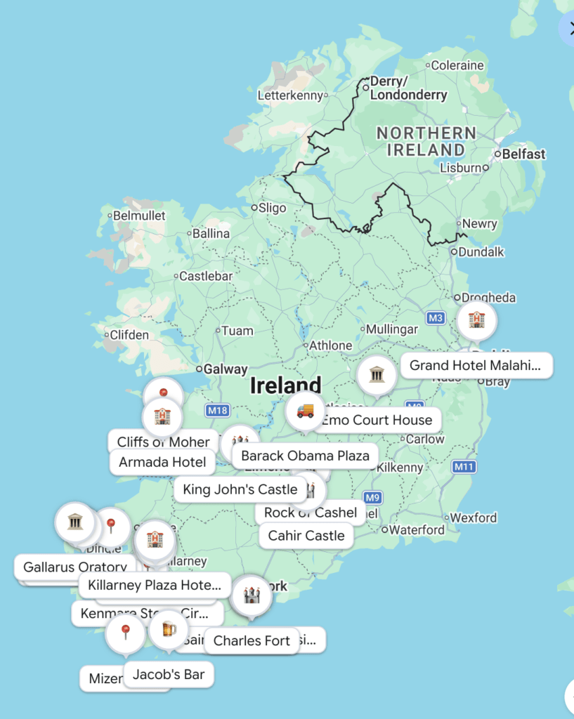 A map of ireland with highlights of the wild atlantic way